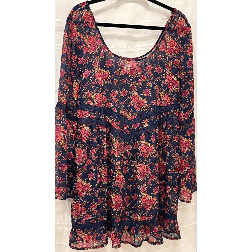 Band of Gypsies Navy Floral Lace Trim Bell Sleeve Mini Dress XL W173309811D